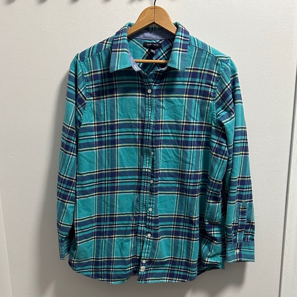 Lands' End Blue and Green Plaid Button Down Shirt